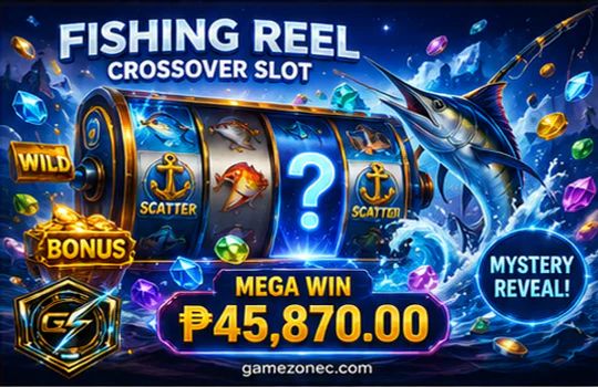 GAMEZONE slot screen with reels, symbols, paytable access, and mobile controls